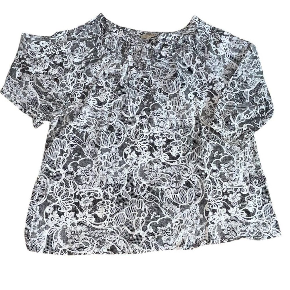 Art & Soul Black White Lace Floral Tunic Top Sz M 3/4 Sleeve Boho Artsy Women's